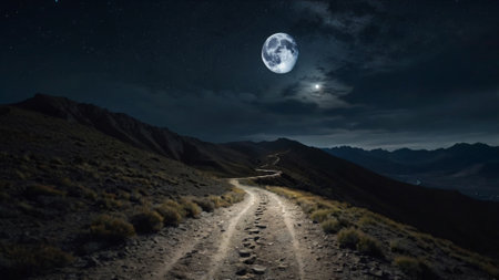 Night landscape in the mountains. Road in the mountains at night in full moon lightの写真素材