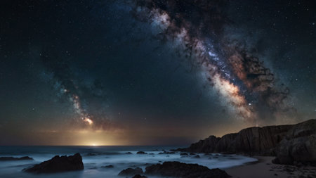 Milky way over the sea and rocky coast. 3d renderingの写真素材