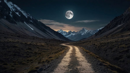 Hiking trail in the mountains at night with a full moon.の写真素材