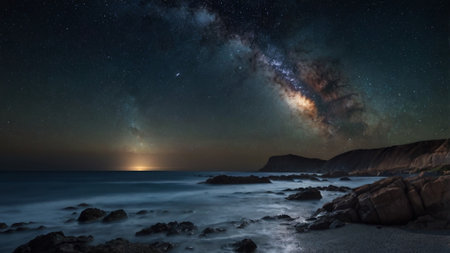 Milky way over the sea at night. Long exposure photograph.の写真素材