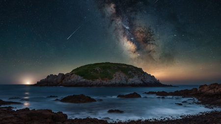 Milky Way over a rocky island in the sea at night.の写真素材