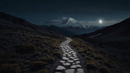 Mountain landscape at night with moon and stars. 3d renderingの写真素材