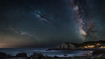 Milky Way over the sea, Long exposure photograph, with grain