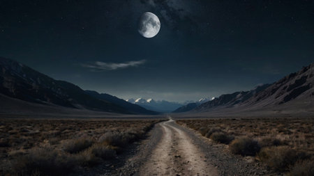Night landscape with moon and mountains. Panoramic view of the road.