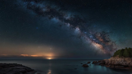 Milky way over the sea. Panoramic view of the sea and the sky.の写真素材