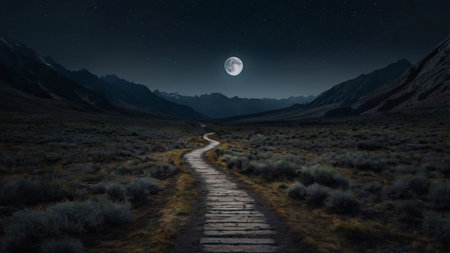 Path in the mountains at night with full moon. 3d renderingの写真素材