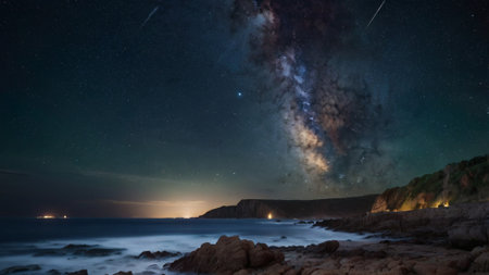 Milky Way over the sea at night. Long exposure photograph.の写真素材