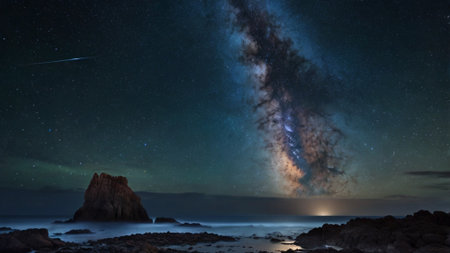 Milky Way over the rocks and sea in the night. 3d rendering