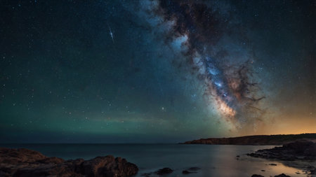 Milky way over the sea with stars and rocks in the foregroundの写真素材