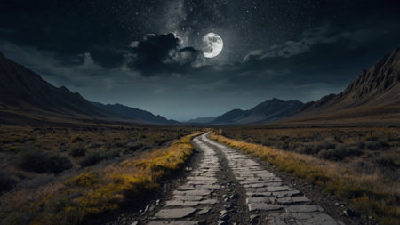 road in the mountains at night with moon and stars. 3d renderingの写真素材