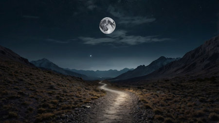 Hiking trail in the mountains at night with a full moon.の写真素材