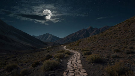 road in the mountains at night in full moon light. 3d renderingの写真素材
