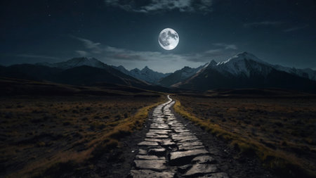 road in the mountains at night with full moon. 3d renderingの写真素材
