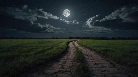 Landscape of a rural road through the field at night with full moonの写真素材