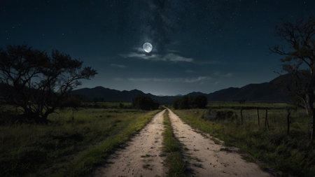 Country road in the desert at night with full moon and stars.の写真素材