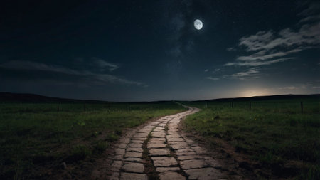 Night landscape with a road in the field and the moon in the skyの写真素材