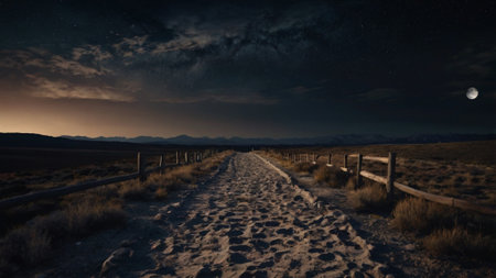 Night in the desert with a path leading to the moon and stars