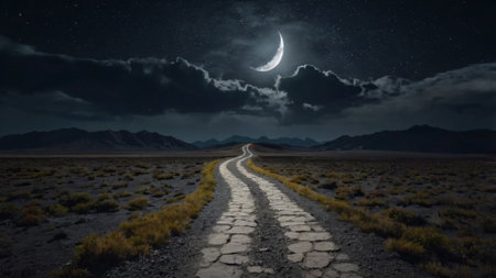 Moon and road in the desert at night. 3d rendering.の写真素材