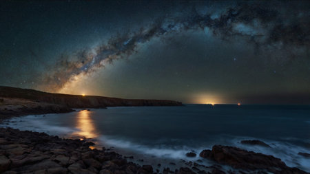 Milky way over the sea at night. Long exposure photograph.