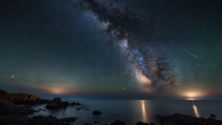 Milky way over the sea at night. Long exposure photograph.