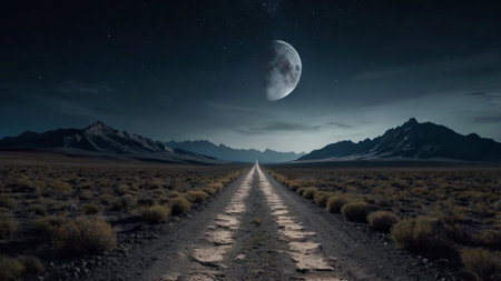 road in the desert at night with moon and stars. 3d rendering