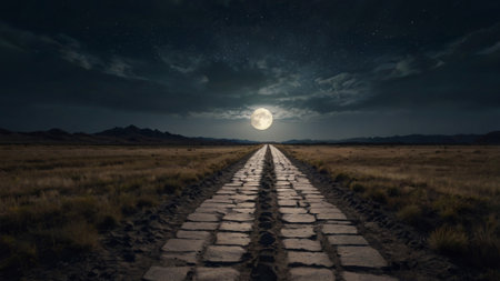 road in the desert on a full moon night. 3d rendering