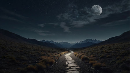 Landscape of a road in the mountains at night with full moonの写真素材