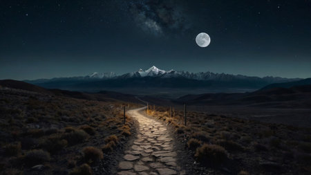 Hiking trail in the mountains at night with full moon and stars