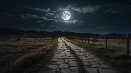 Night landscape with a path leading to the moon in the mountains.の写真素材