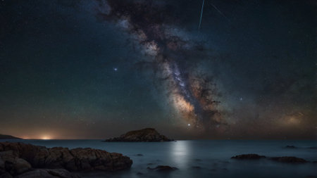 Milky Way over the sea with rocks and starry sky.