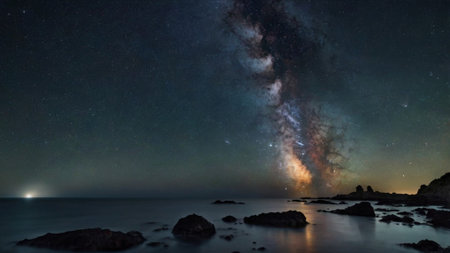 Milky Way over the sea at night. Elements of this image furnished by NASAの写真素材