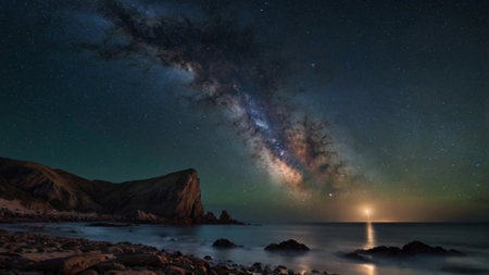 Milky way over the sea at night. Long exposure photograph.