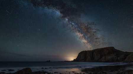Milky Way over the sea, Long exposure photograph, with grain