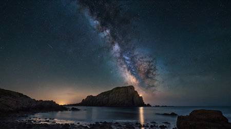 Milky Way over a rocky coast. Long exposure photograph with grainの写真素材