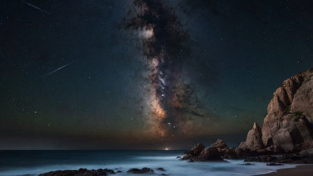 Milky way over rocks and sea, panoramic view.の写真素材
