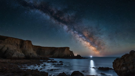 Milky way over the sea at night with stars and milky wayの写真素材