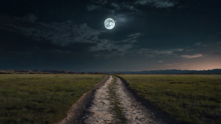 road to the moon in the steppe at night. 3d rendering
