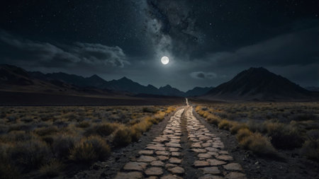 Moonlight over a path in the desert at night. 3d renderingの写真素材