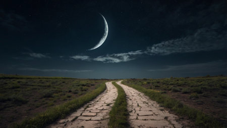 Moonlight over a dirt road in the desert, 3d renderの写真素材