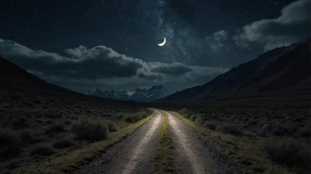 Night landscape with a road leading to the moon in the mountains.