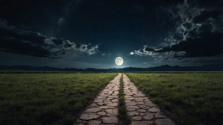 Lonely road in the field at night with full moon.の写真素材