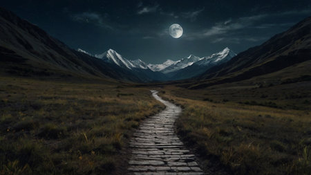 road in the mountains at night with full moon. 3d rendering