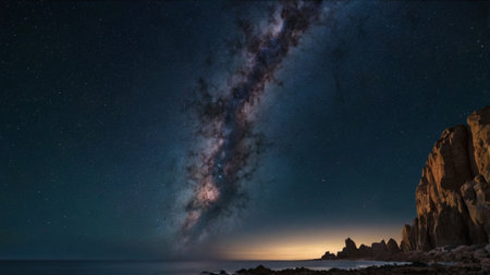 Milky way over the sea and rocky coast. 3d renderingの写真素材