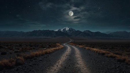 road in the desert at night with full moon. 3d renderingの写真素材
