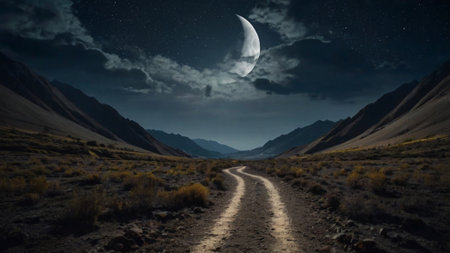 Dirt road in the desert at night with moon and stars.