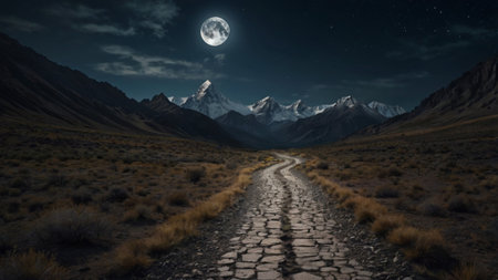 road in the mountains at night in full moon light. 3d renderingの写真素材