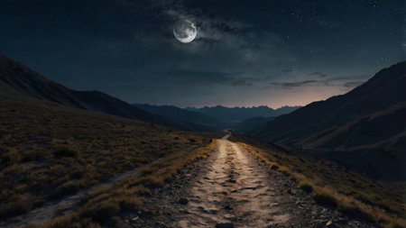 road in the mountains at night with moon and stars. 3d renderingの写真素材