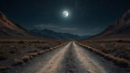road to the moon in the desert at night. 3d renderingの写真素材