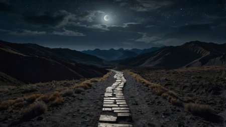path in the mountains in the moonlight. 3d rendering.の写真素材