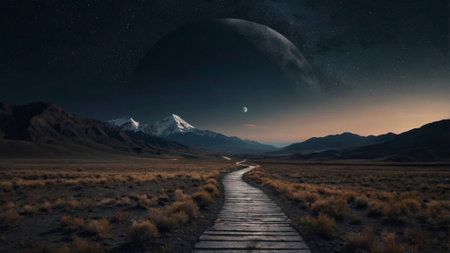 Landscape of mountains and the path to the moon. 3d renderingの写真素材